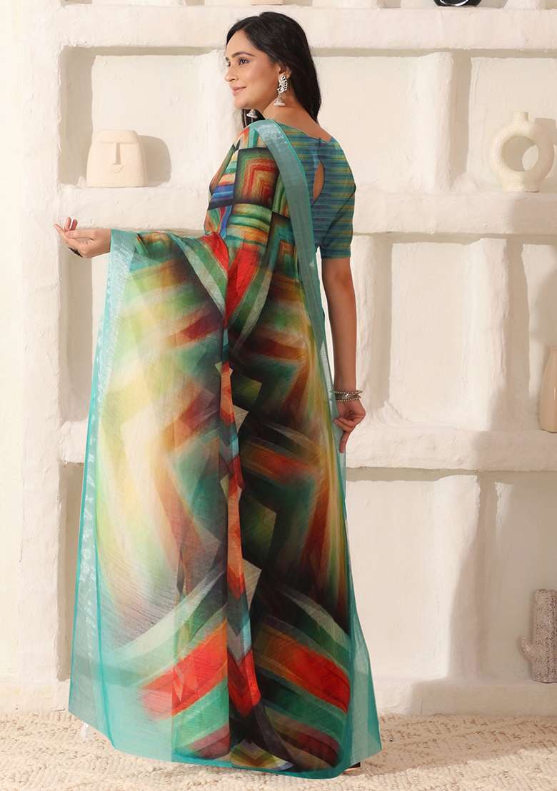 Multi Color Printed Linen Saree Set for Diwali and Festive Wear - Indya