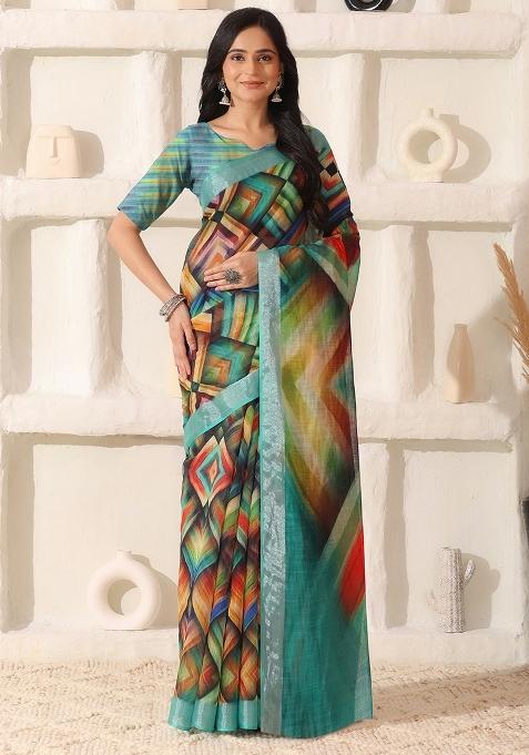 Multi Color Printed Linen Saree Set