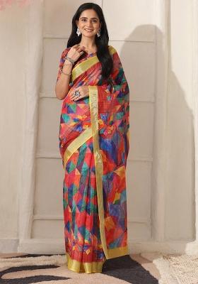 Red Printed Linen Saree Set