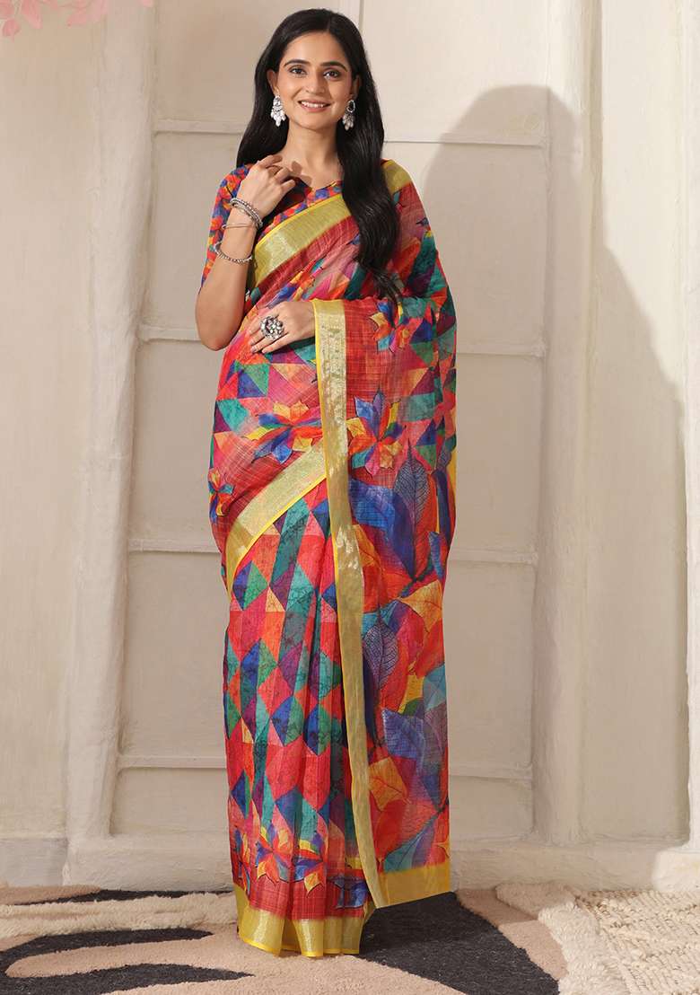 Red Linen Saree Set with Printed for Diwali | Wedding & Festive Wear - Indya