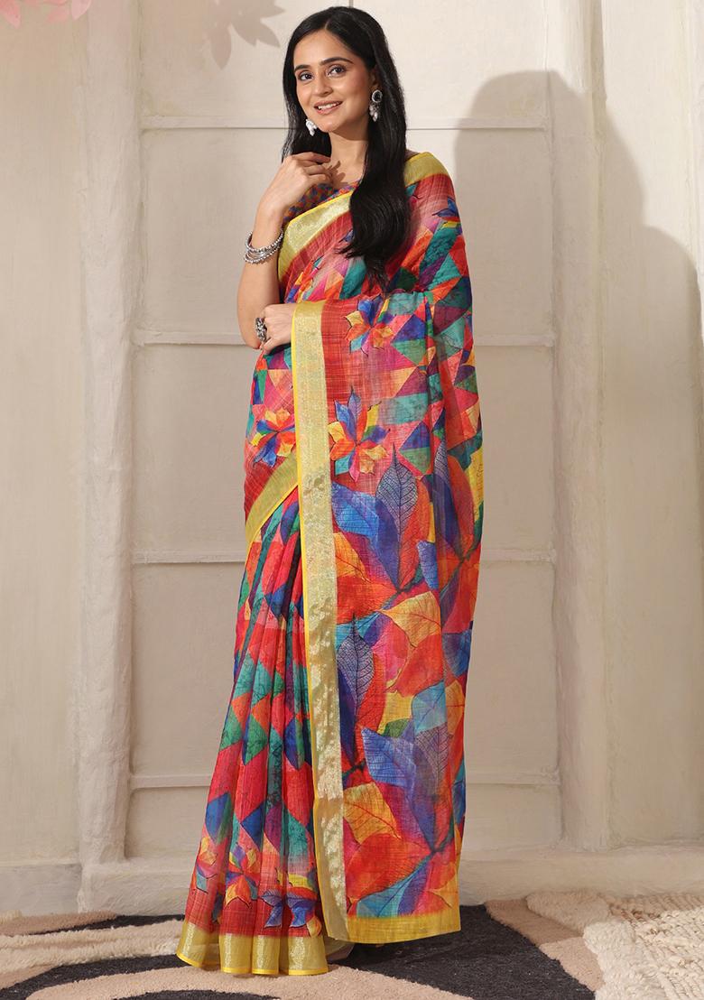 Red Printed Linen Saree Set - Indya
