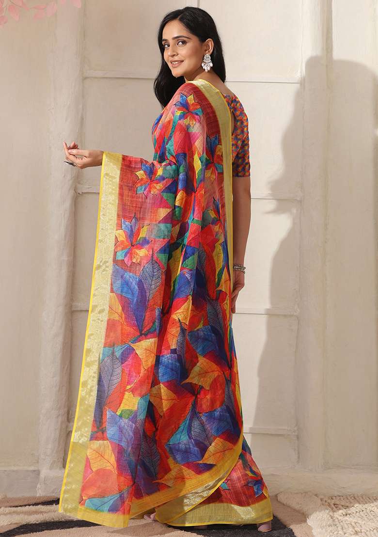 Red Linen Saree Set with Printed for Diwali | Wedding & Festive Wear - Indya
