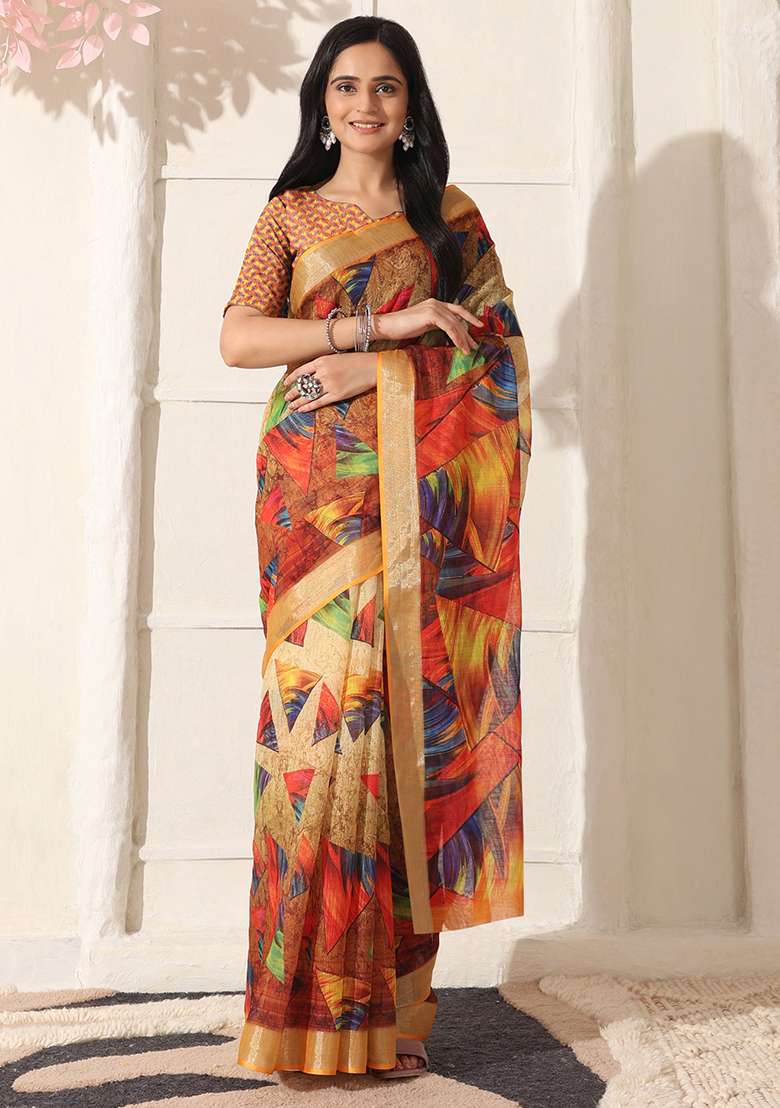 Multi Color Linen Saree Set with Printed for Diwali | Wedding & Festive Wear - Indya