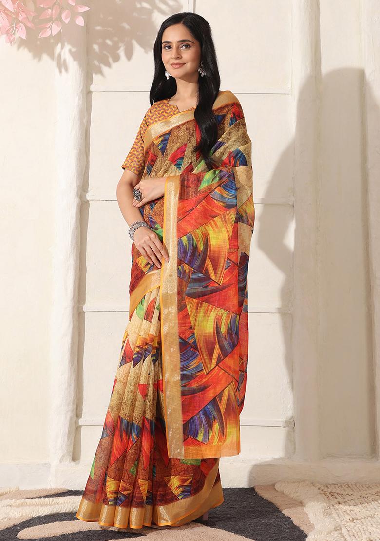 Multi Color Printed Linen Saree Set - Indya