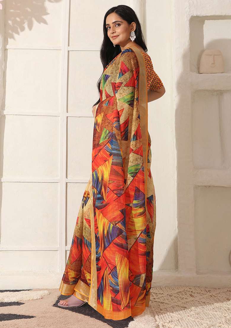 Multi Color Linen Saree Set with Printed for Diwali | Wedding & Festive Wear - Indya