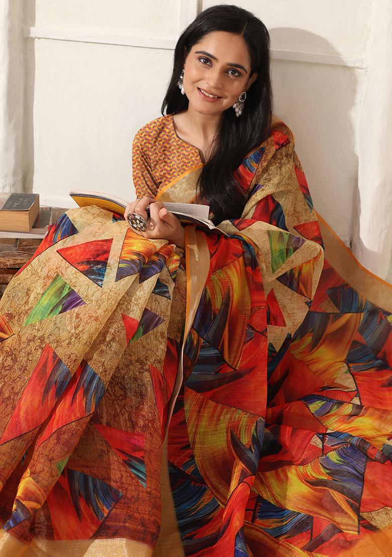 Multi Color Printed Linen Saree Set - Indya