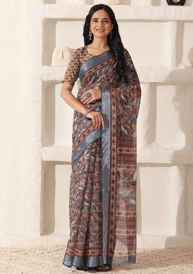 Brown Printed Linen Saree Set for Diwali and Festive Wear - Indya