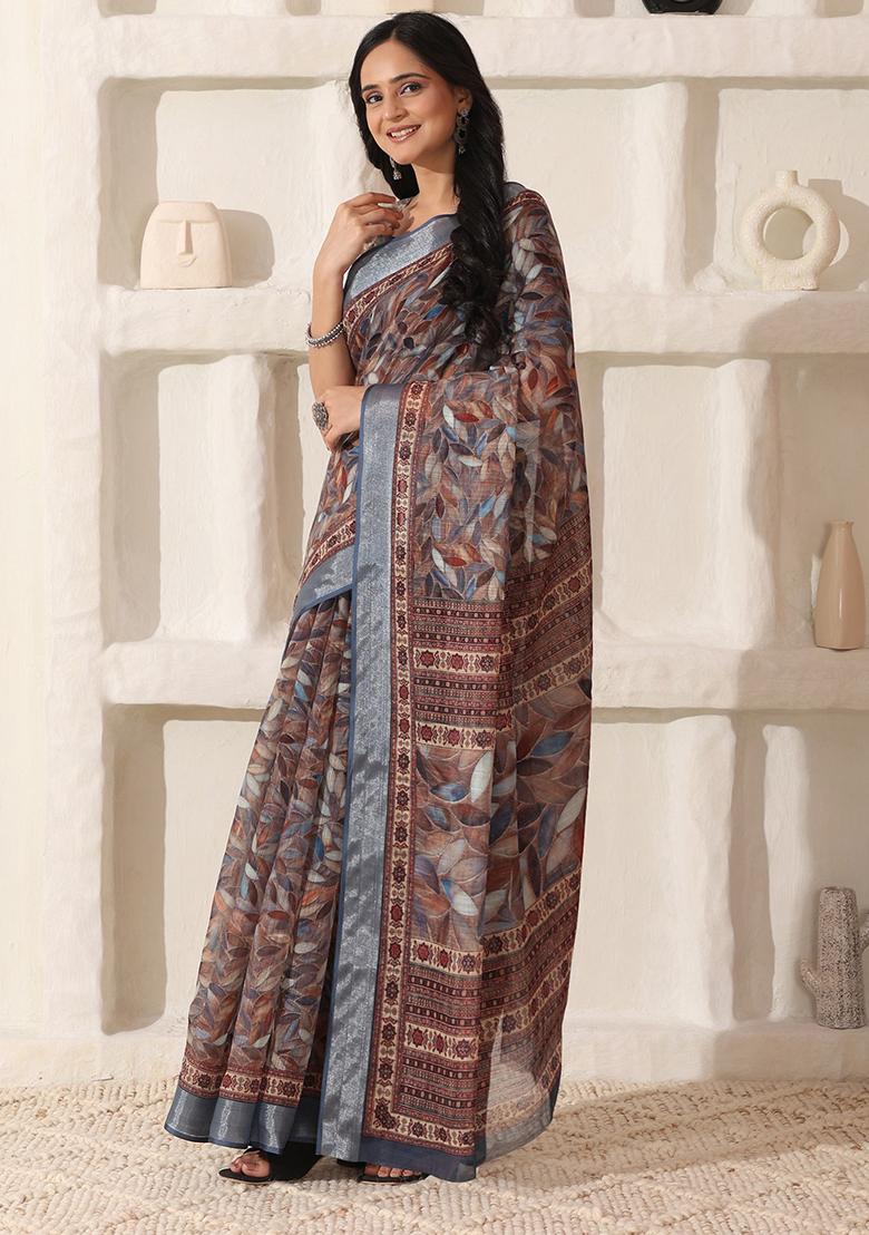 Brown Printed Linen Saree Set - Indya