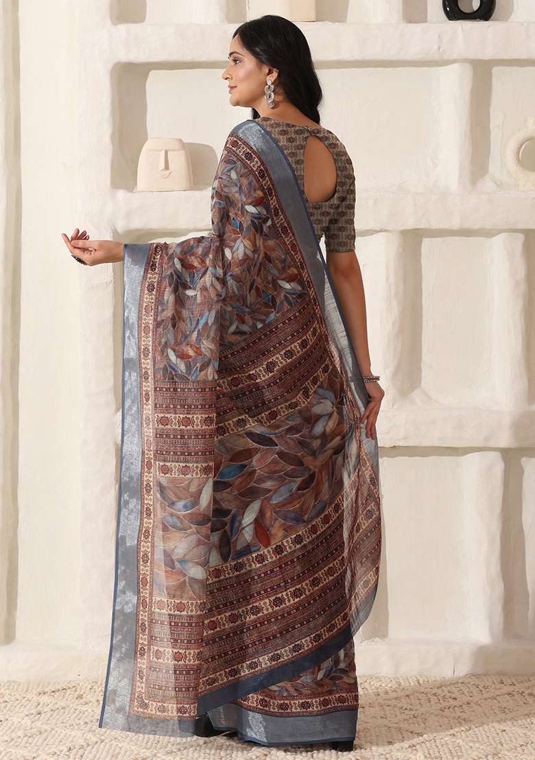 Brown Printed Linen Saree Set for Diwali and Festive Wear - Indya
