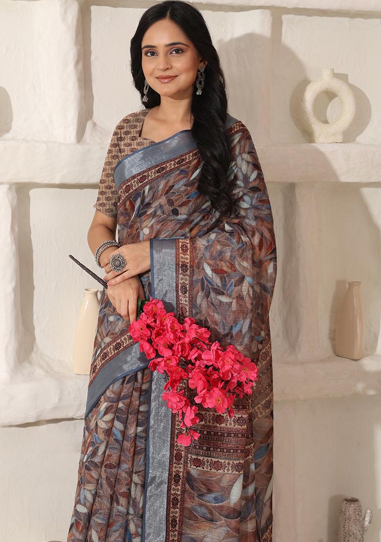 Brown Printed Linen Saree Set - Indya