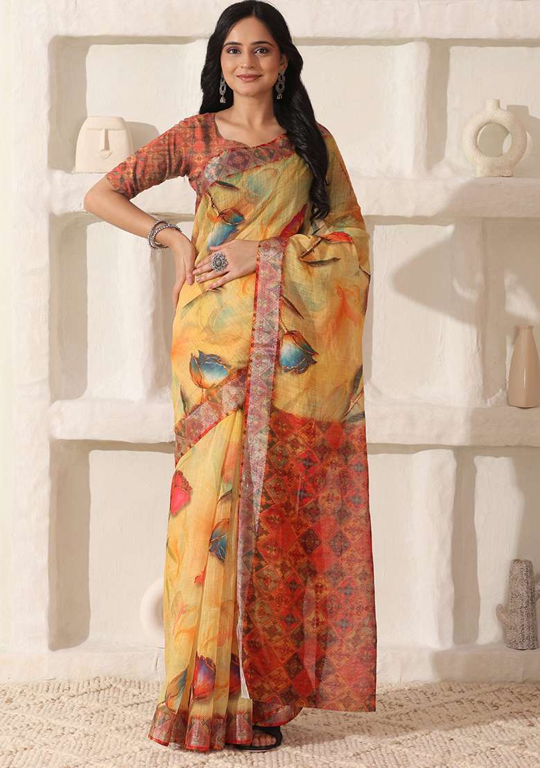 Yellow Linen Saree Set with Printed for Diwali | Wedding & Festive Wear - Indya