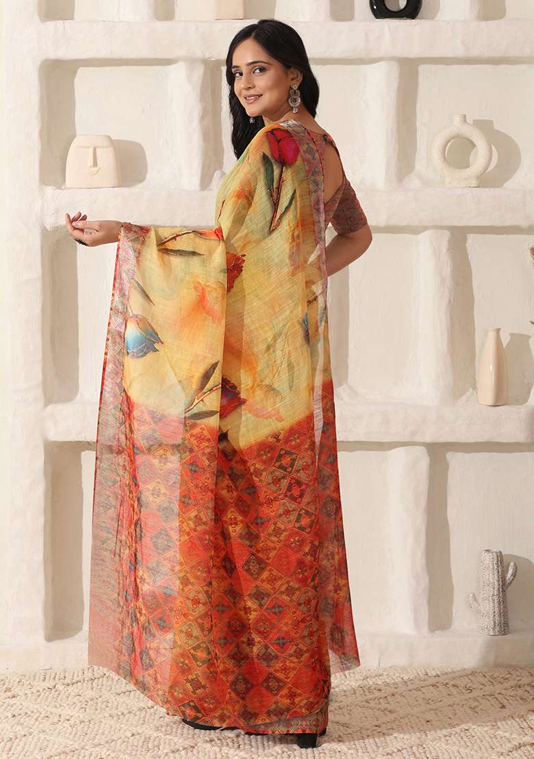 Yellow Linen Saree Set with Printed for Diwali | Wedding & Festive Wear - Indya
