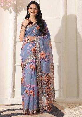 Purple Printed Linen Saree Set