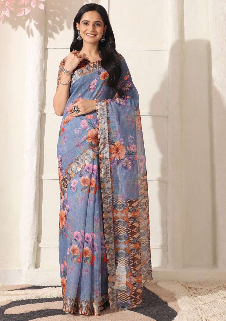 Purple Printed Linen Saree Set for Diwali and Festive Wear - Indya
