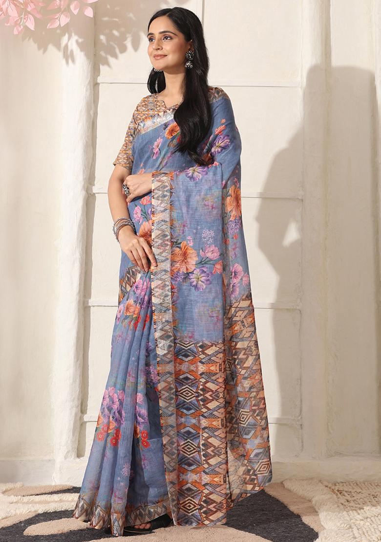 Purple Printed Linen Saree Set - Indya