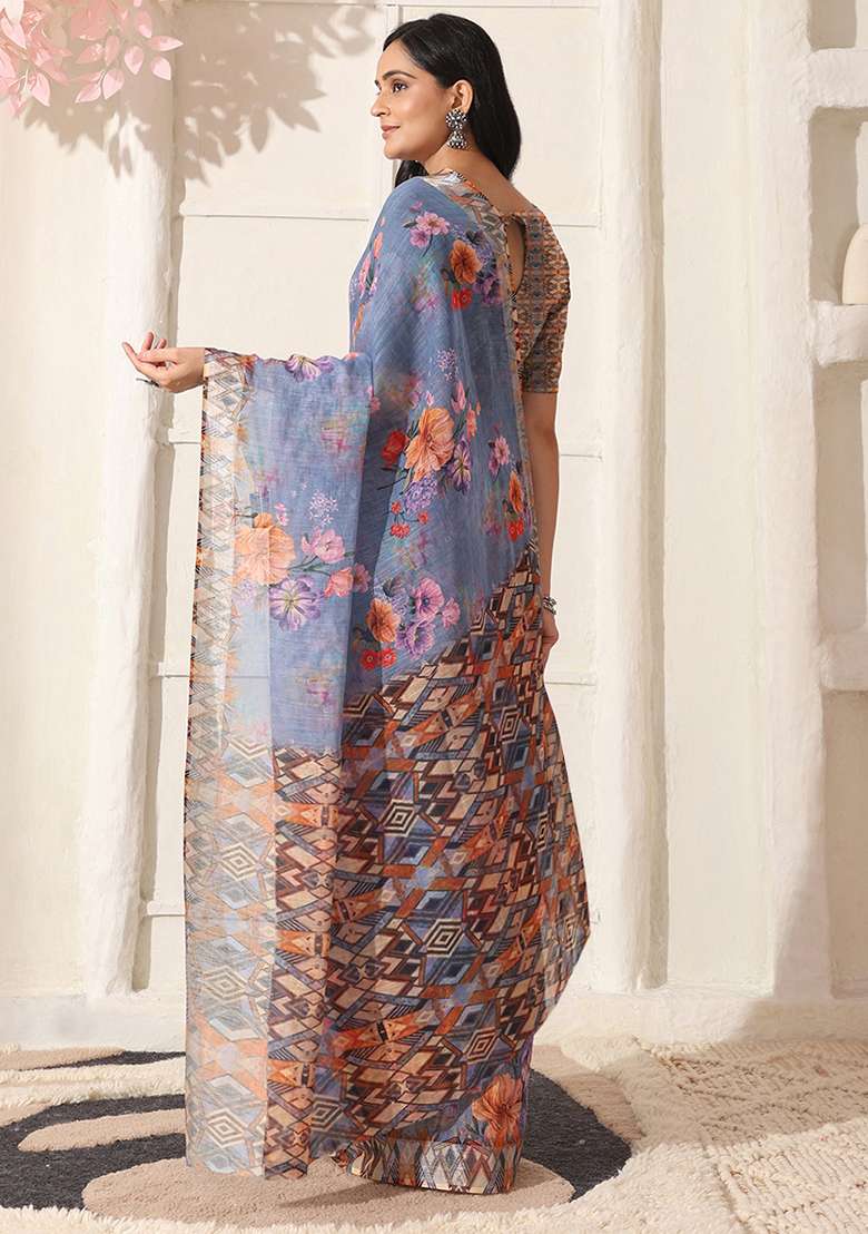 Purple Printed Linen Saree Set for Diwali and Festive Wear - Indya
