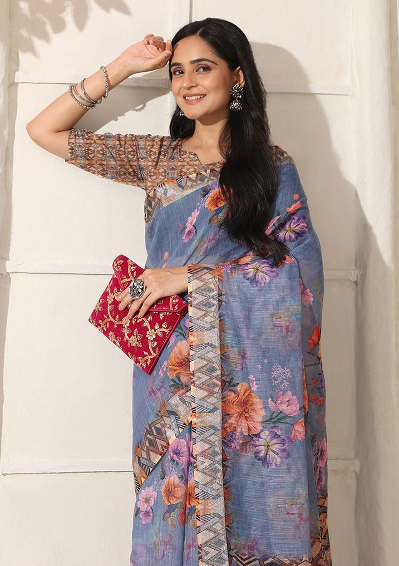 Purple Printed Linen Saree Set - Indya