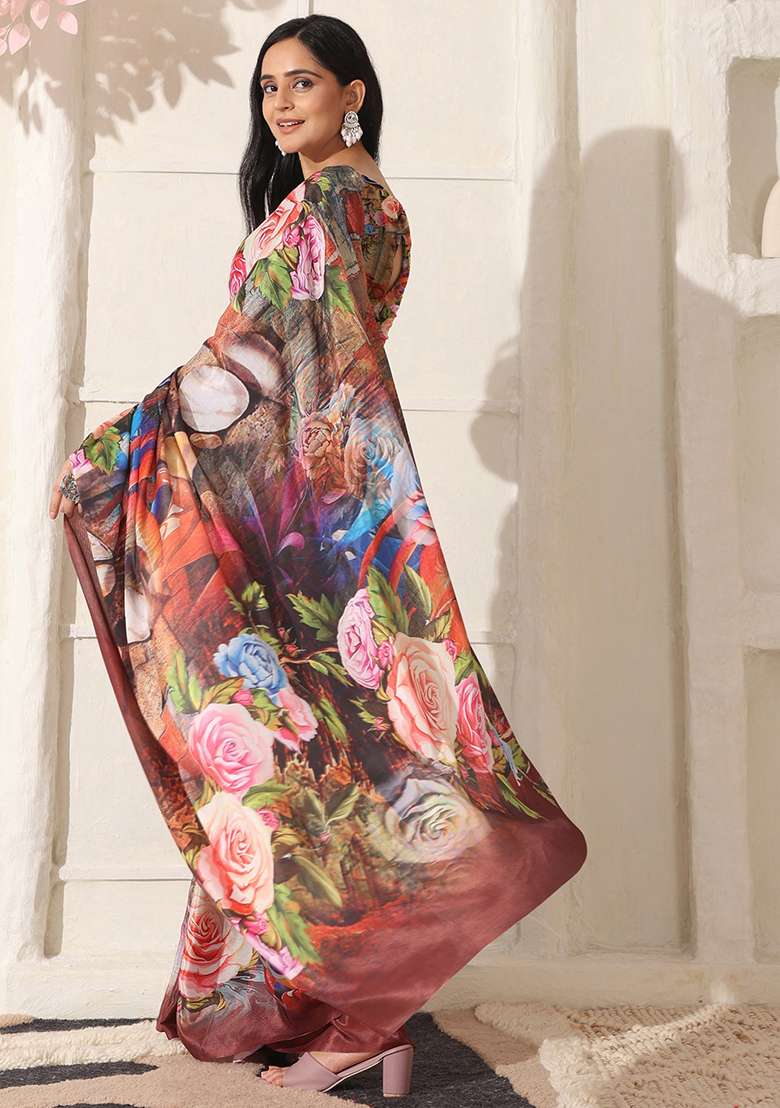 Multi Color Cotton Saree Set with Printed for Diwali | Wedding & Festive Wear - Indya