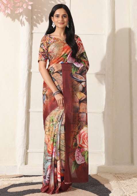 Multi Color Cotton Saree Set with Printed for Diwali | Wedding & Festive Wear