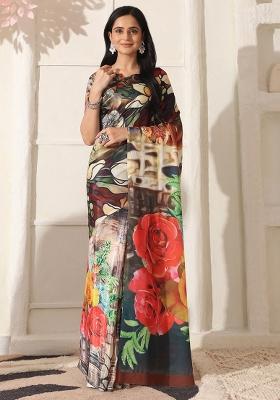 Multi Color Printed Cotton Saree Set