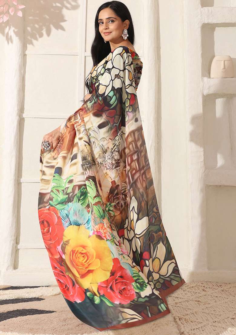 Multi Color Cotton Saree Set with Printed for Diwali | Wedding & Festive Wear - Indya