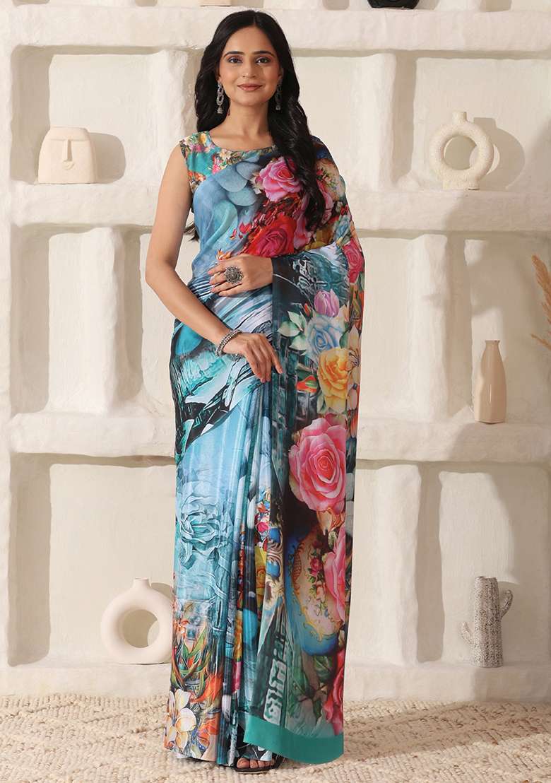 Sky Blue Printed Cotton Saree Set for Diwali and Festive Wear - Indya