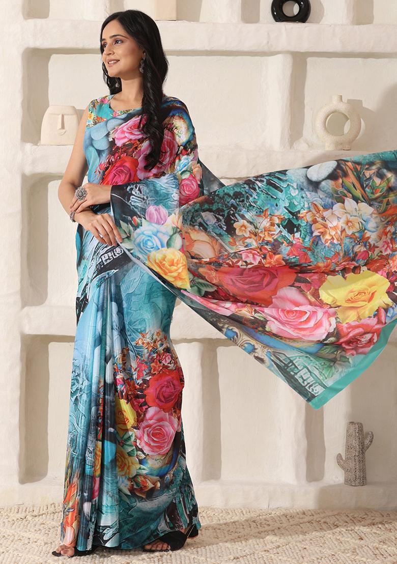Sky Blue Printed Cotton Saree Set - Indya