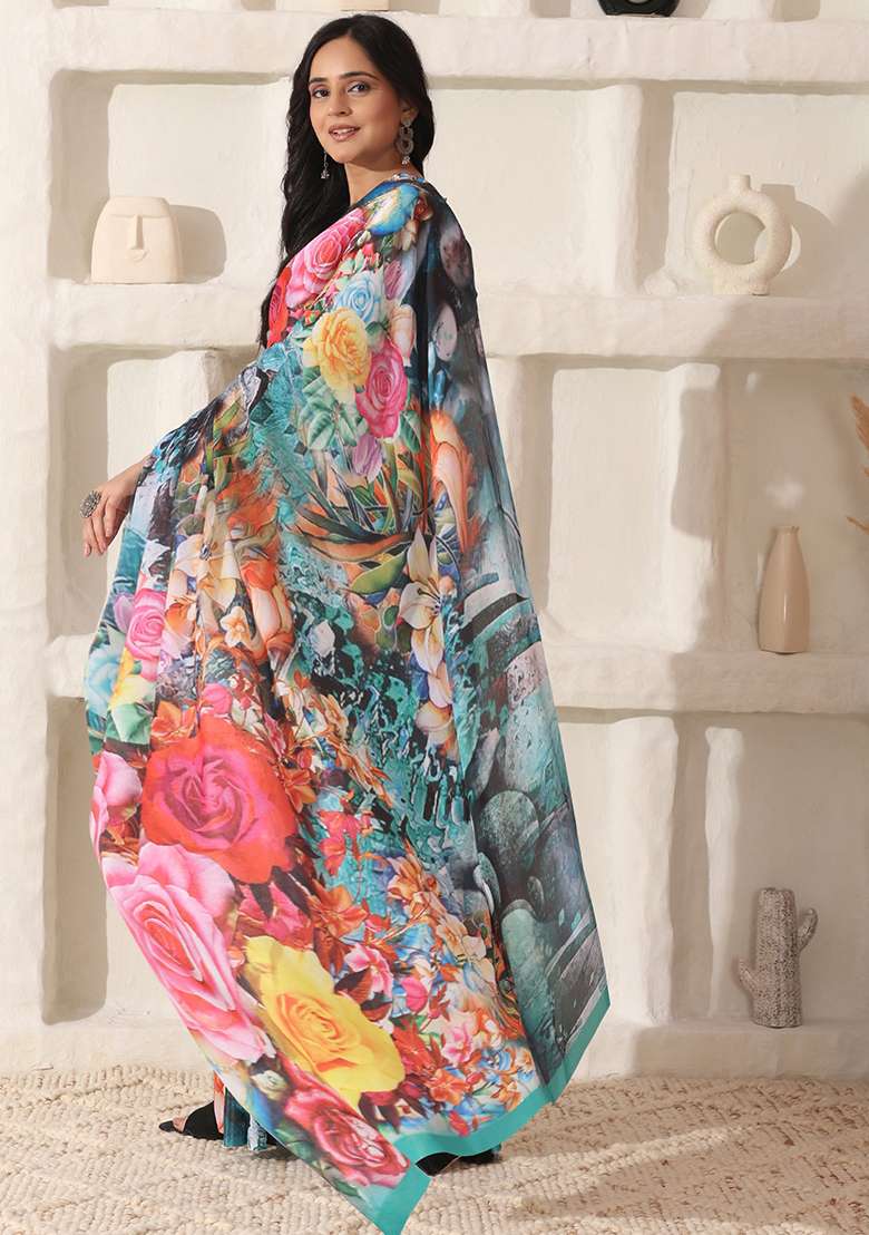 Sky Blue Printed Cotton Saree Set for Diwali and Festive Wear - Indya