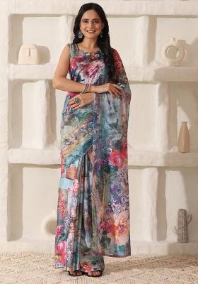 Multi Color Printed Cotton Saree Set