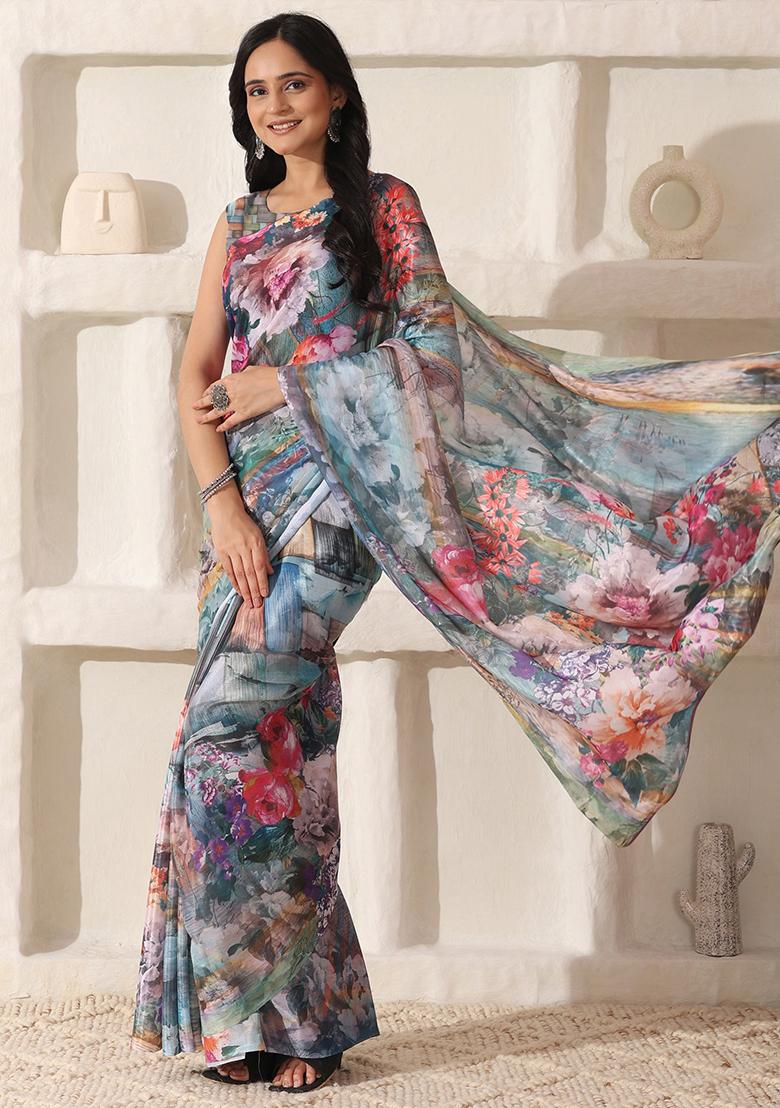 Multi Color Printed Cotton Saree Set - Indya
