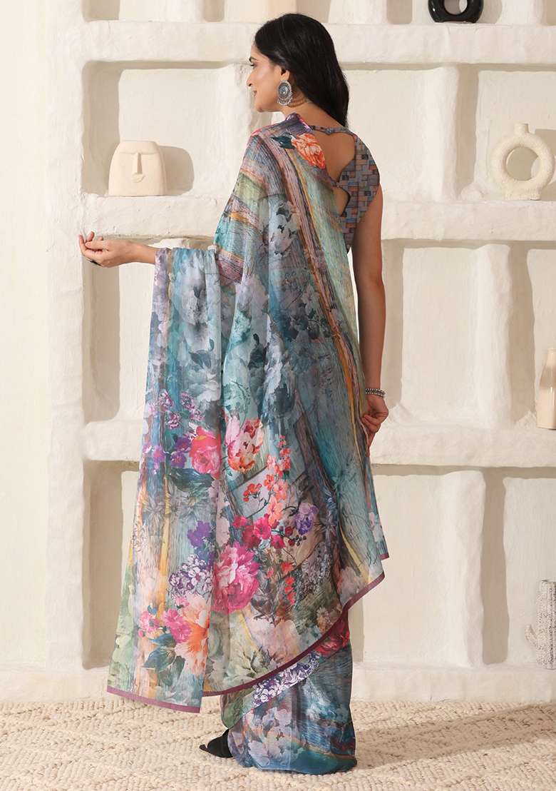Multi Color Cotton Saree Set with Printed for Diwali | Wedding & Festive Wear - Indya