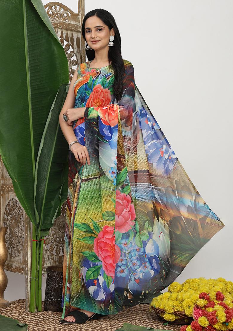 Multi Color Printed Cotton Saree Set - Indya