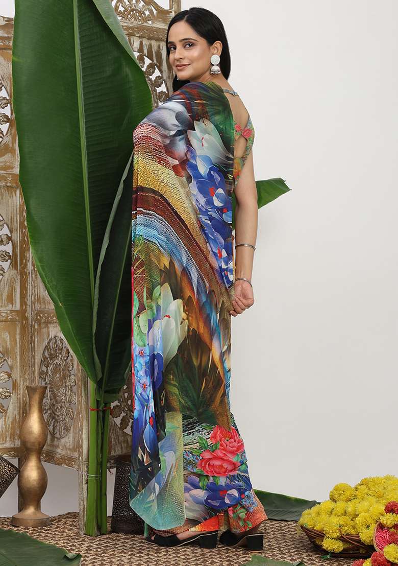 Multi Color Printed Cotton Saree Set for Diwali and Festive Wear - Indya