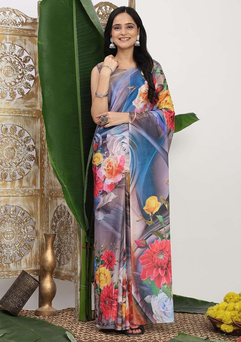Multi Color Cotton Saree Set with Printed for Diwali | Wedding & Festive Wear - Indya