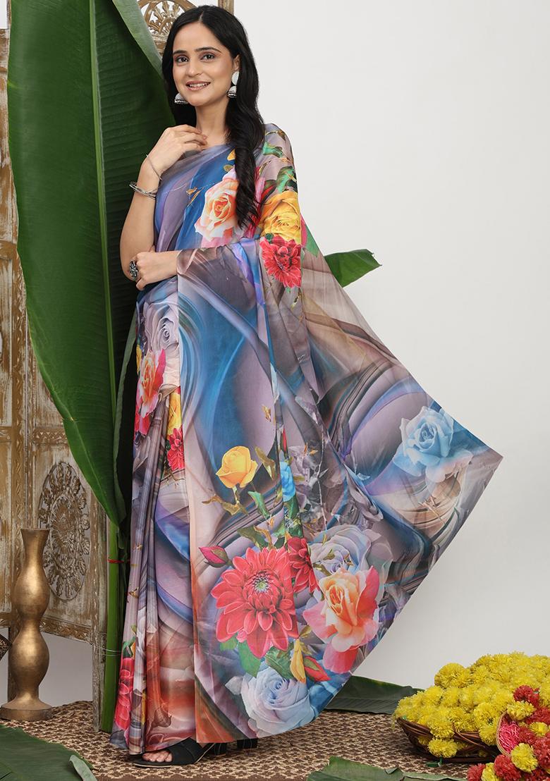 Multi Color Printed Cotton Saree Set - Indya