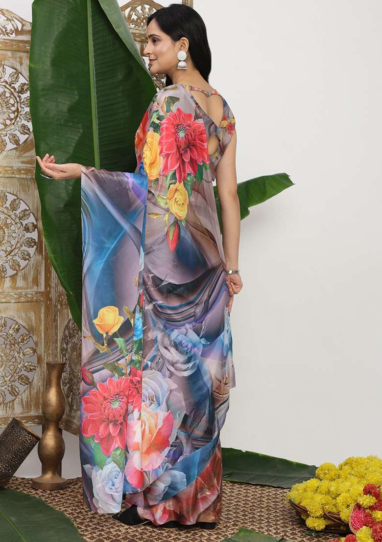 Multi Color Cotton Saree Set with Printed for Diwali | Wedding & Festive Wear - Indya