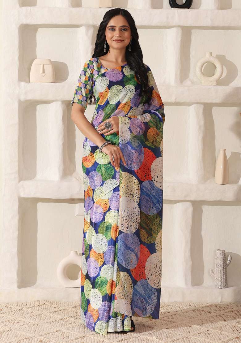 Multi Color Cotton Saree Set with Printed for Diwali | Wedding & Festive Wear - Indya