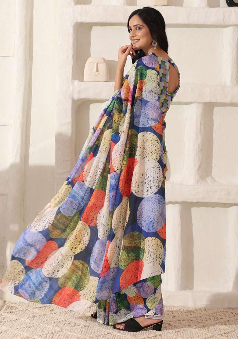 Multi Color Cotton Saree Set with Printed for Diwali | Wedding & Festive Wear - Indya