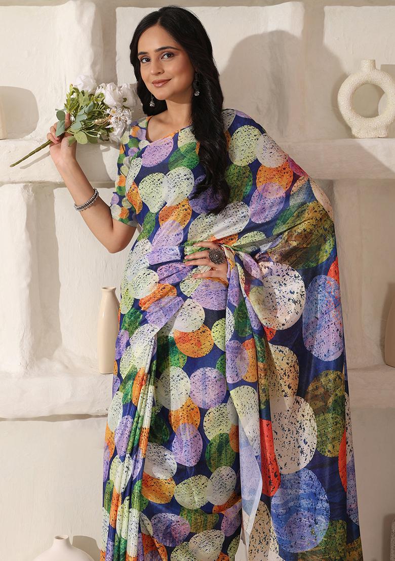 Multi Color Printed Cotton Saree Set - Indya