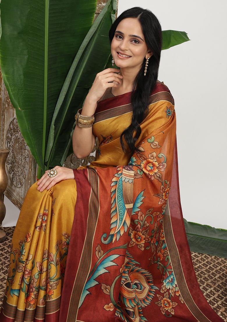 Yellow Printed Silk Saree Set - Indya