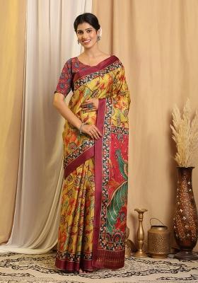 Yellow Printed Silk Saree Set