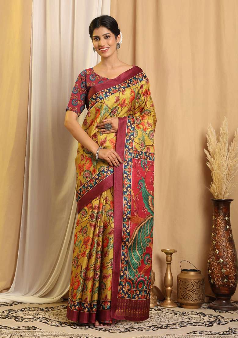 Yellow Silk Blend Saree Set with Printed for Diwali | Wedding & Festive Wear - Indya