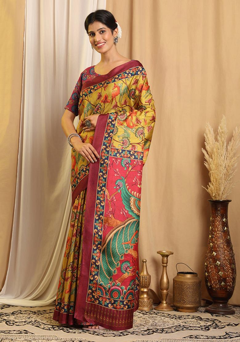 Yellow Printed Silk Saree Set - Indya