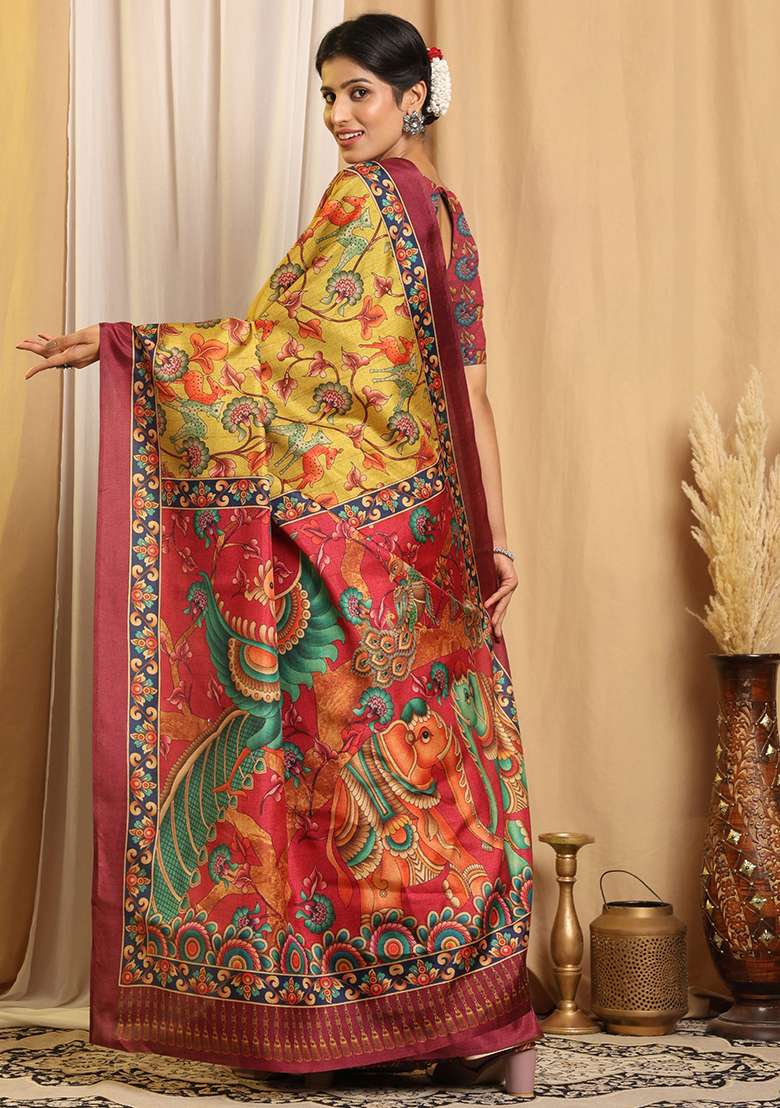 Yellow Silk Blend Saree Set with Printed for Diwali | Wedding & Festive Wear - Indya
