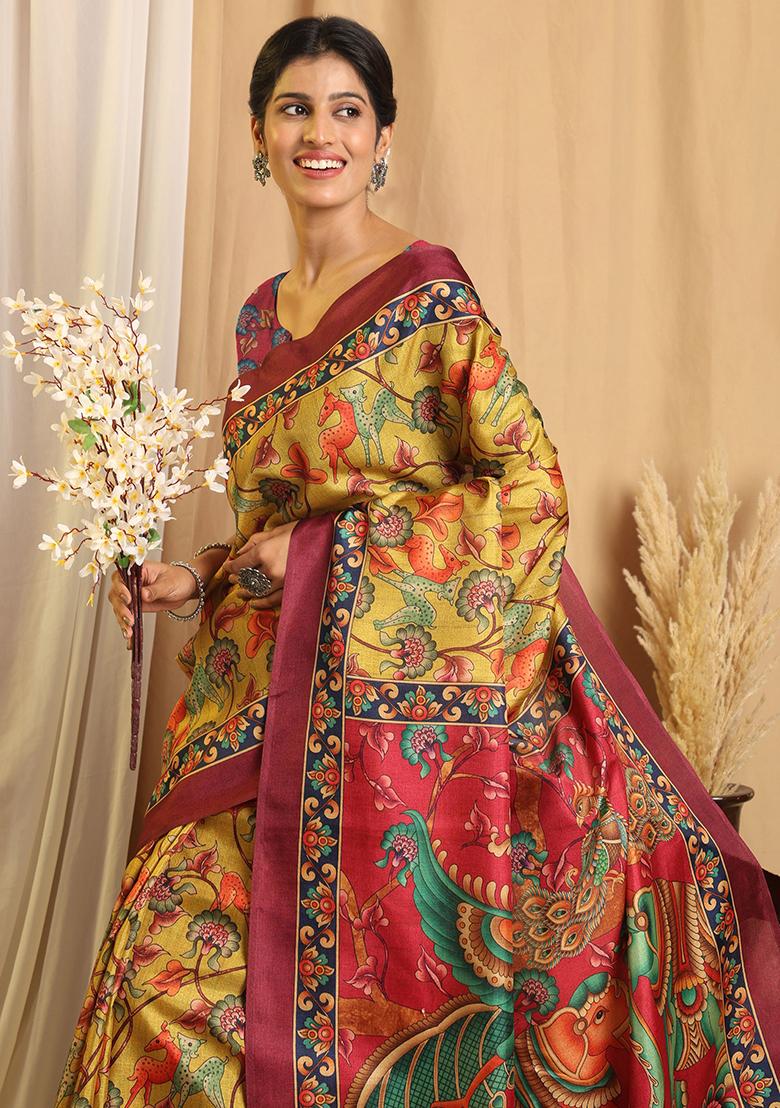 Yellow Printed Silk Saree Set - Indya