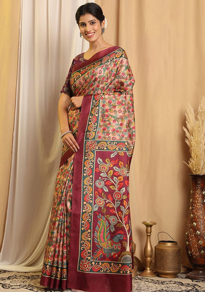 Multi Color Printed Silk Saree Set - Indya