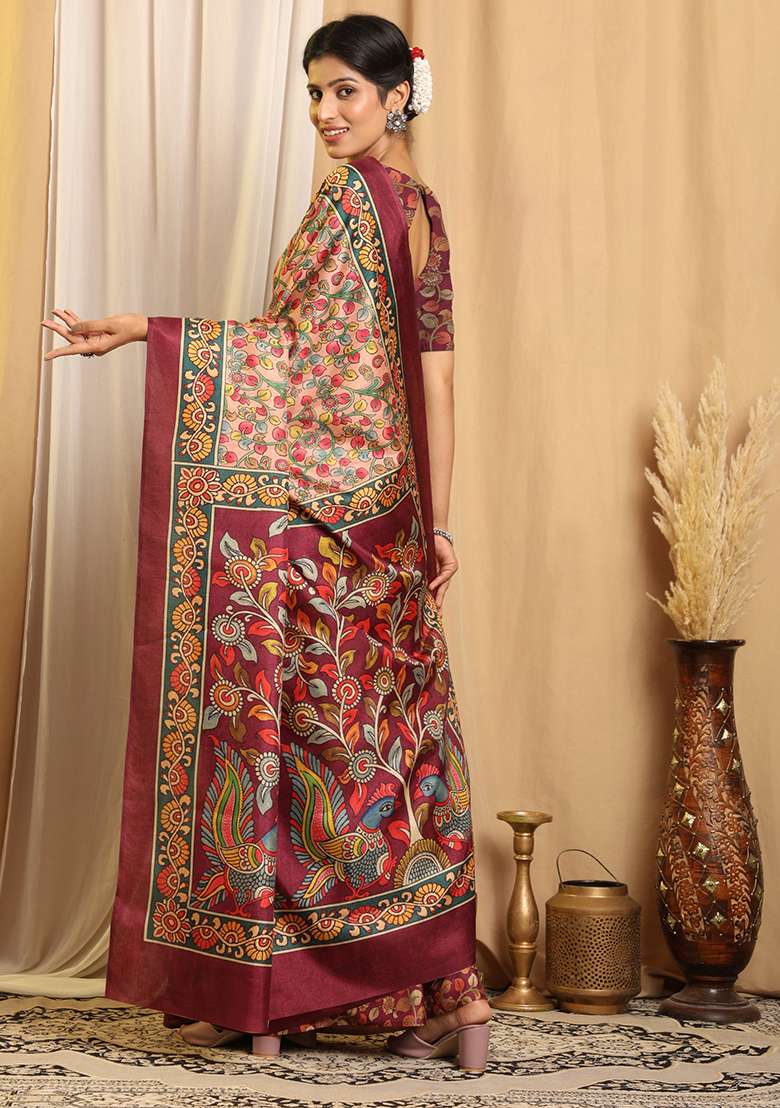 Multi Color Silk Blend Saree Set with Printed for Diwali | Wedding & Festive Wear - Indya