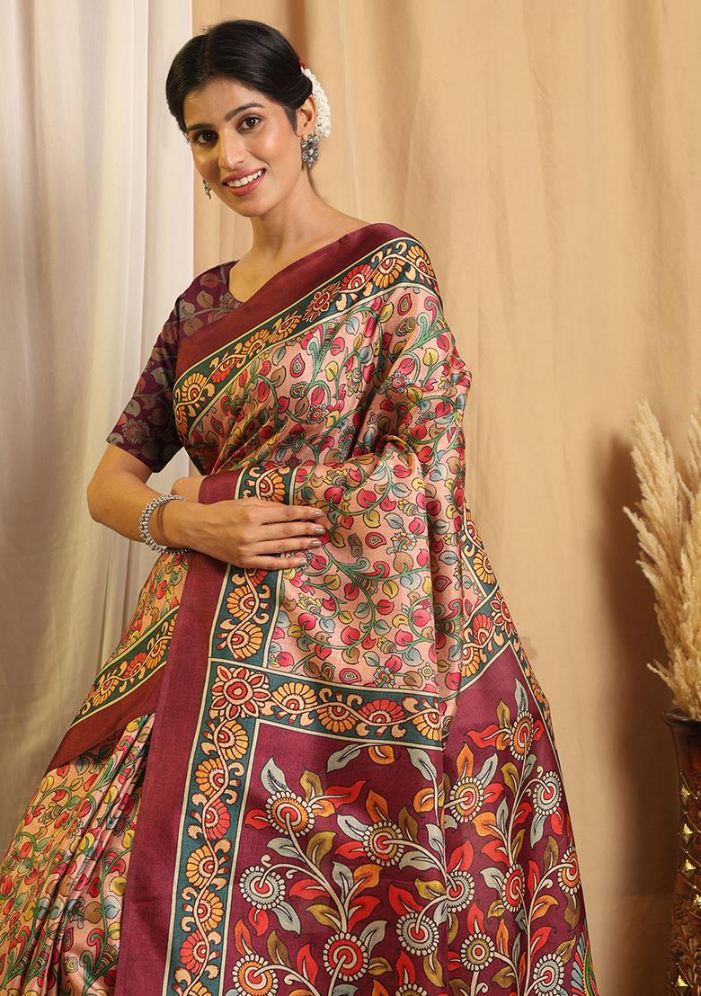 Multi Color Printed Silk Saree Set - Indya