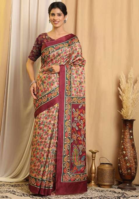 Multi Color Silk Blend Saree Set with Printed for Diwali | Wedding & Festive Wear