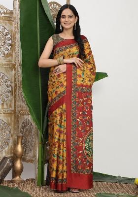 Mustard Printed Silk Saree Set